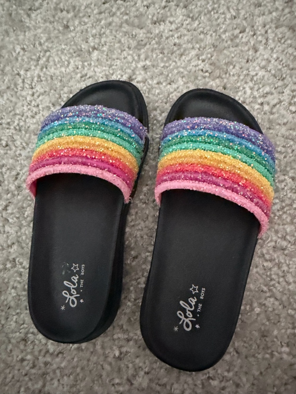Lola + The Boys Glitter Rainbow Stripe Slide Sandals